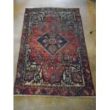 red and blue ground and floral pattern modern rug 1950s (dirty)