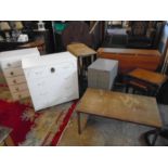 job lot of funriture to include modern demi lune table, 2 retro fold down tables, chests of drawers,