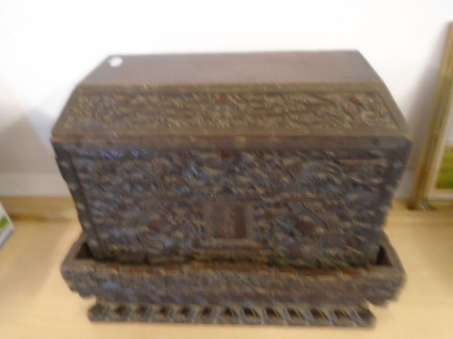 Victorian Chinese heavily carved box with stand and lid (loose), 49cm wide, 23cm deep, 41cm high. - Image 3 of 13