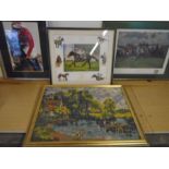 3 Horse racing prints and a tapestry