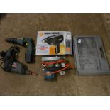 3 drills, drill bit set and skill saw. Black & Decker, Bosch