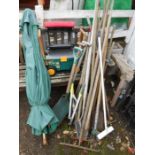 Quantity of garden tools, gardening wheeled seats and parasol (broken pole)