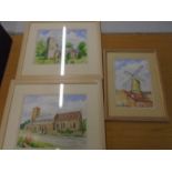 Derek Norris (local artist) watercolours x 3, a windmill and 2 churches
