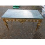 Gold coloured coffee table with porcelain plaques and marble top. Belgium ? H49cm W92cm D46cm