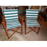 2 folding wood and canvas garden chairs