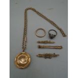 9ct rose gold necklace, brooches and a ring 17.6 gms plus a silver ring
