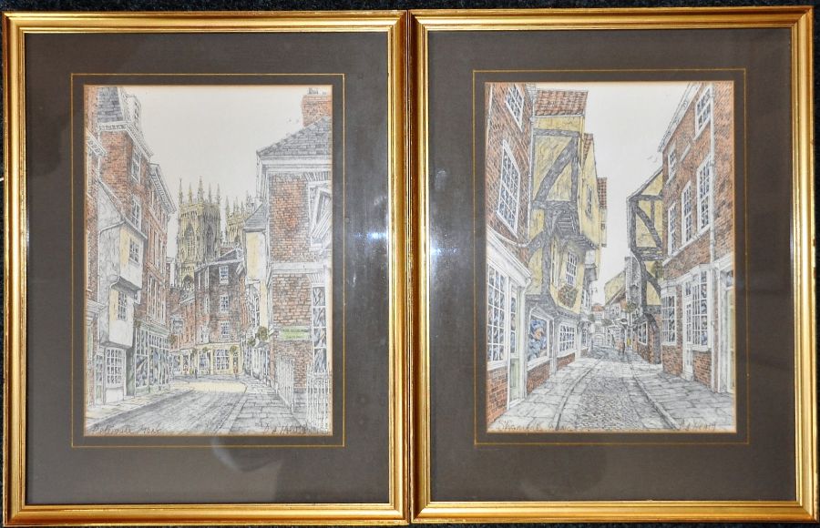 D A Heald street scenes of Petergate, York and Shambles, York in matching frames 33 x 42cm