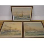 W.F Mitchell, 3 antique original chromolithographs 1890 of Royal navy battleships: HMS Victoria, HMS