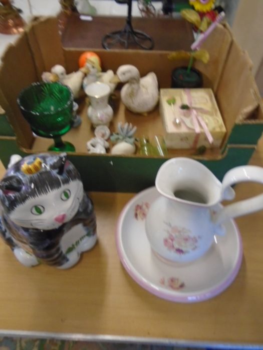 box of china items and other sundries plus a candle hanging item