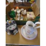 box of china items and other sundries plus a candle hanging item