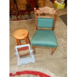 Pine stool, Carved chair for re-upholstery and vanity mirror with broken frame