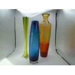 Three glass vases - orange glass vase -45cn tall, green vase 40cm tall and blue vase 35 cm tall