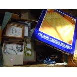 half a stillage of allsorts from house clearance, kitchenware, games, clocks, glass chess set etc