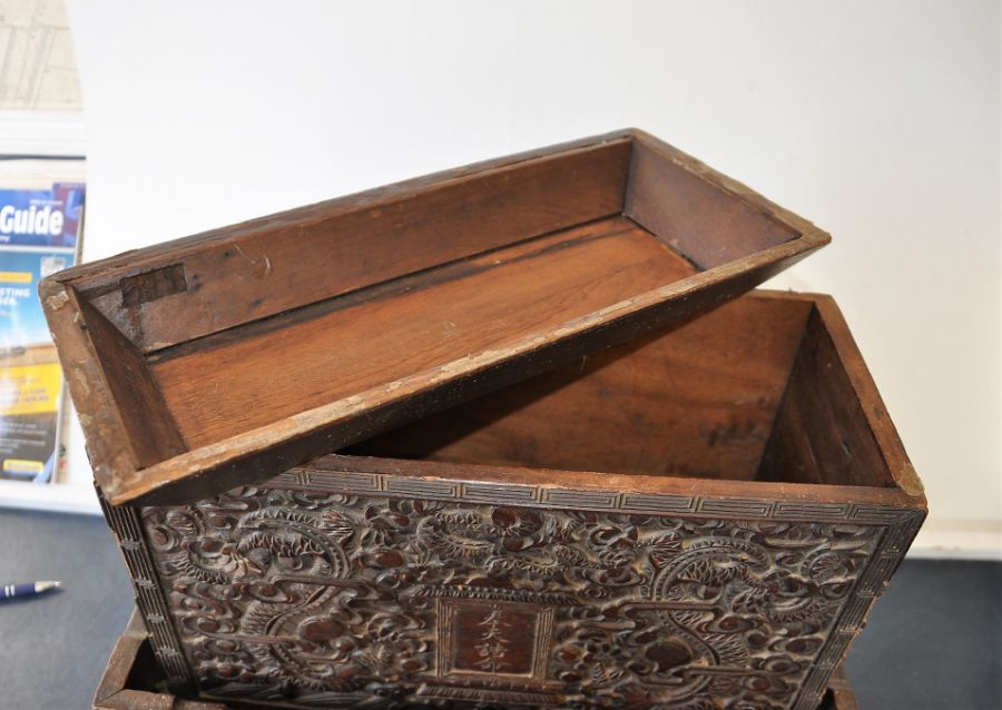 Victorian Chinese heavily carved box with stand and lid (loose), 49cm wide, 23cm deep, 41cm high. - Image 11 of 13