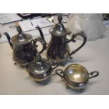 pewter tea and coffee pots, sugar bowl and milk jug