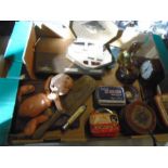 box of collectors items to include writing caddy, clocks, penknife, oil cans, bisque doll