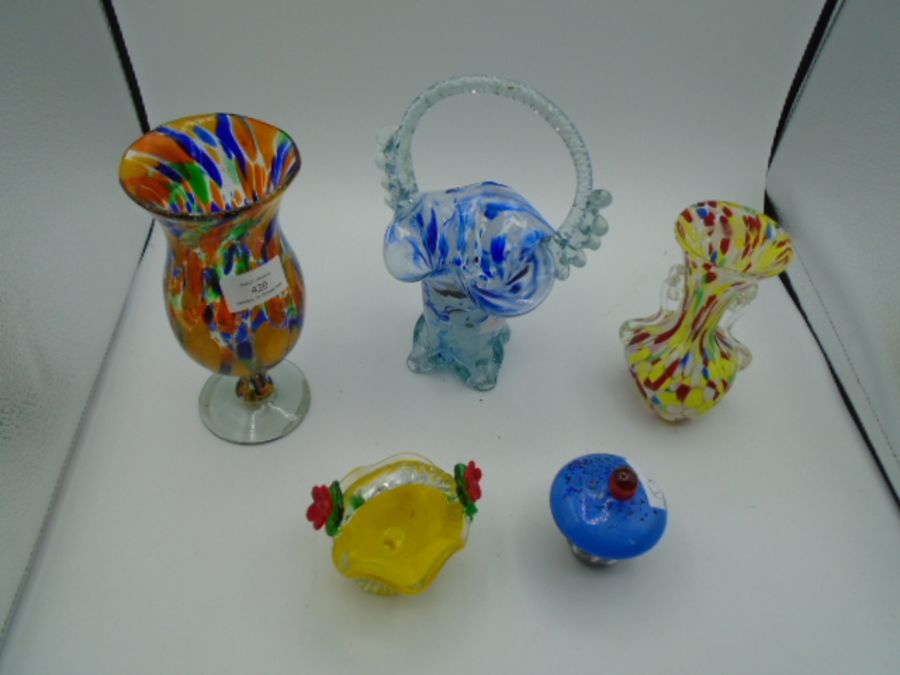 Two Murano style glass vases/glass, 20cm tall and 15cm tall, two glass baskets - 22cm tall and