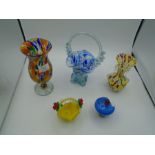 Two Murano style glass vases/glass, 20cm tall and 15cm tall, two glass baskets - 22cm tall and