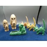 Sylvac animal figurines to include dogs 2950 and 2951, 3 long tail cats 1046 incl one green one