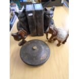Treen items and cat bookends (ceramic)