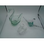 Two glass swan dishes 24cm tall and 15cm tall plus a glass basket with slight green tint at the base