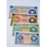 Banknotes: Cyprus 250, 500 Mils; £1 & £5 - Central Bank of Cyprus Banknotes, circa 1979;