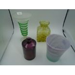 4 vases - glass with green swirl - 24cm tall, crystal vase16cm tall, yellow glass 18cm and purple