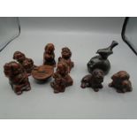 Set of vintage miniature wax monks sat around table playing cards with 2x priory casting dogs and