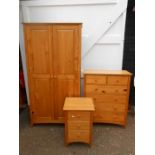 Pine bedroom set including wardrobe, chest of drawers and bedside cabinet. Wardrobe size H181cm