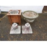 Concrete pot and pair of concrete urn bases etc