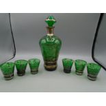 Venetian green silvered decanter and glasses