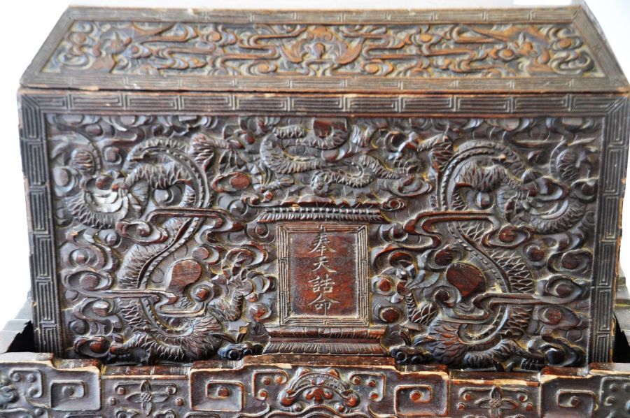 Victorian Chinese heavily carved box with stand and lid (loose), 49cm wide, 23cm deep, 41cm high. - Image 7 of 13