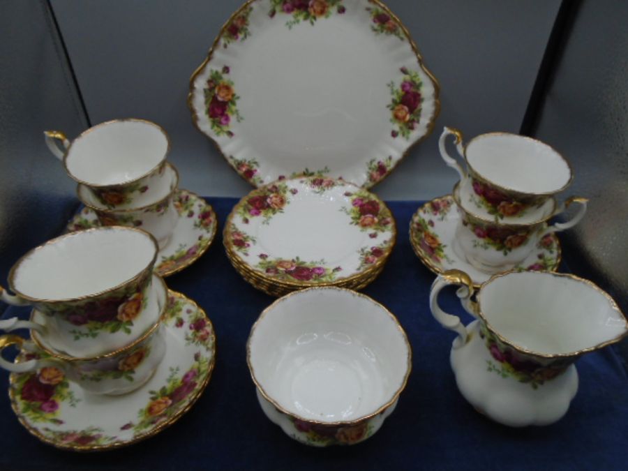 Royal Albert 'country Roses' part tea set for 6 - cake serving plate, 6 cake plates, 6 cups and