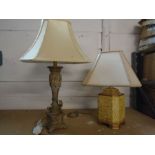 2 decorative table lamps with shades, one with wood base (no plug), tallest 27cm incl shade