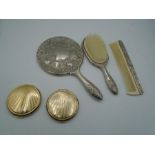 A plated dressing table set and two vintage compacts - with original powder contents