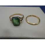 22ct wedding gold band 1.2gms and 9ct gold ring with large green stone 2.1gms