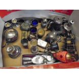 Box of brass, plate and pewter items and some flatware