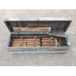 Wooden tool box with tools including moulding planes, marking gauges, spirit level etc