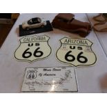 Corgi mg roadstar model, old wind up car and 3 route 66 plaques