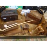 Treen collection, boxes, cheeseboard, a springbok plus 2 clay pipes