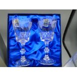 Royal Scot crystal boxed stemmed wine glasses plus 2 Dartington ERII wine/champagne glasses