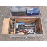 Wooden tool box with tools including stilsons wrenches, axe, compasses etc