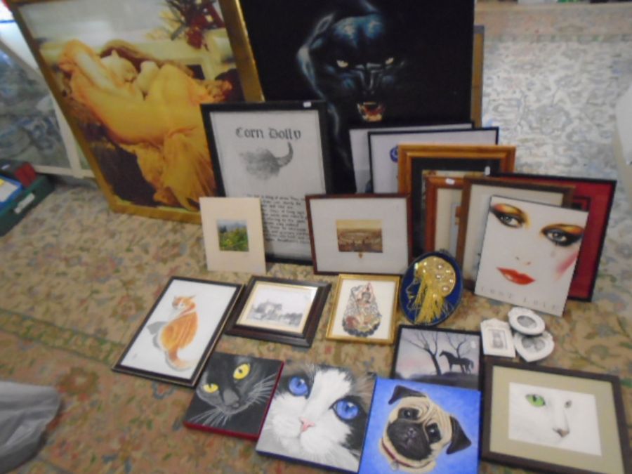 A large collection of framed pictures