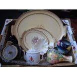 A box of china to include a biscuit barrel, some crested wear, two vases and three graduated trays