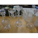 glass candelabra, glass swan ornament, box of mixed glass items
