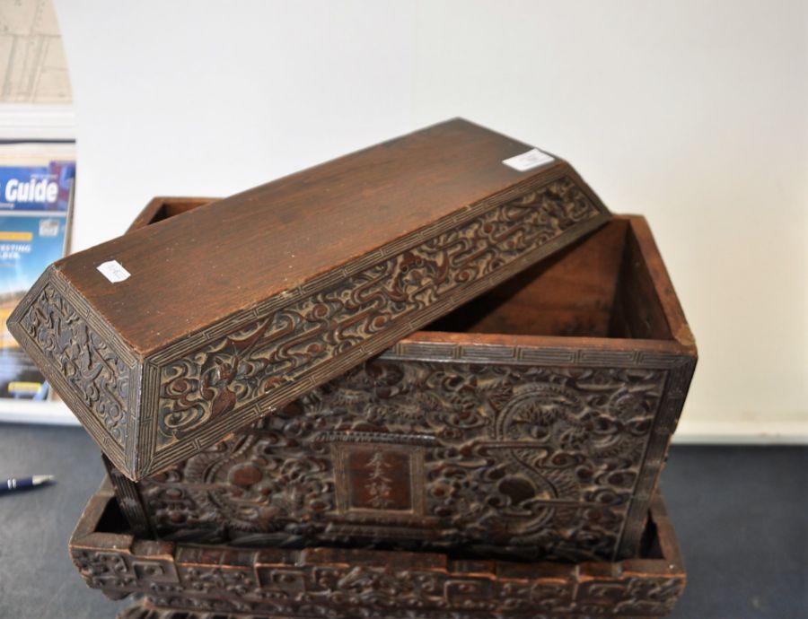 Victorian Chinese heavily carved box with stand and lid (loose), 49cm wide, 23cm deep, 41cm high. - Image 10 of 13