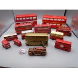 collection of London buses, some die cast, 2 are china money boxes, plus a car and bus pin badge