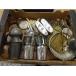 silver backed brushes, Art deco cup holders, plated tankards, cutlery and other mixed metal ware