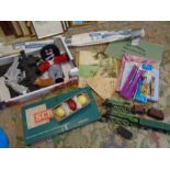 Train, traintrack, plastic guns, Robinsons doll, vintage cycling game. Box of toys