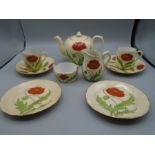 hand painted poppy tea for two, 2 cups and saucers, 2 small cake plates, tea pot, milk jug and sugar